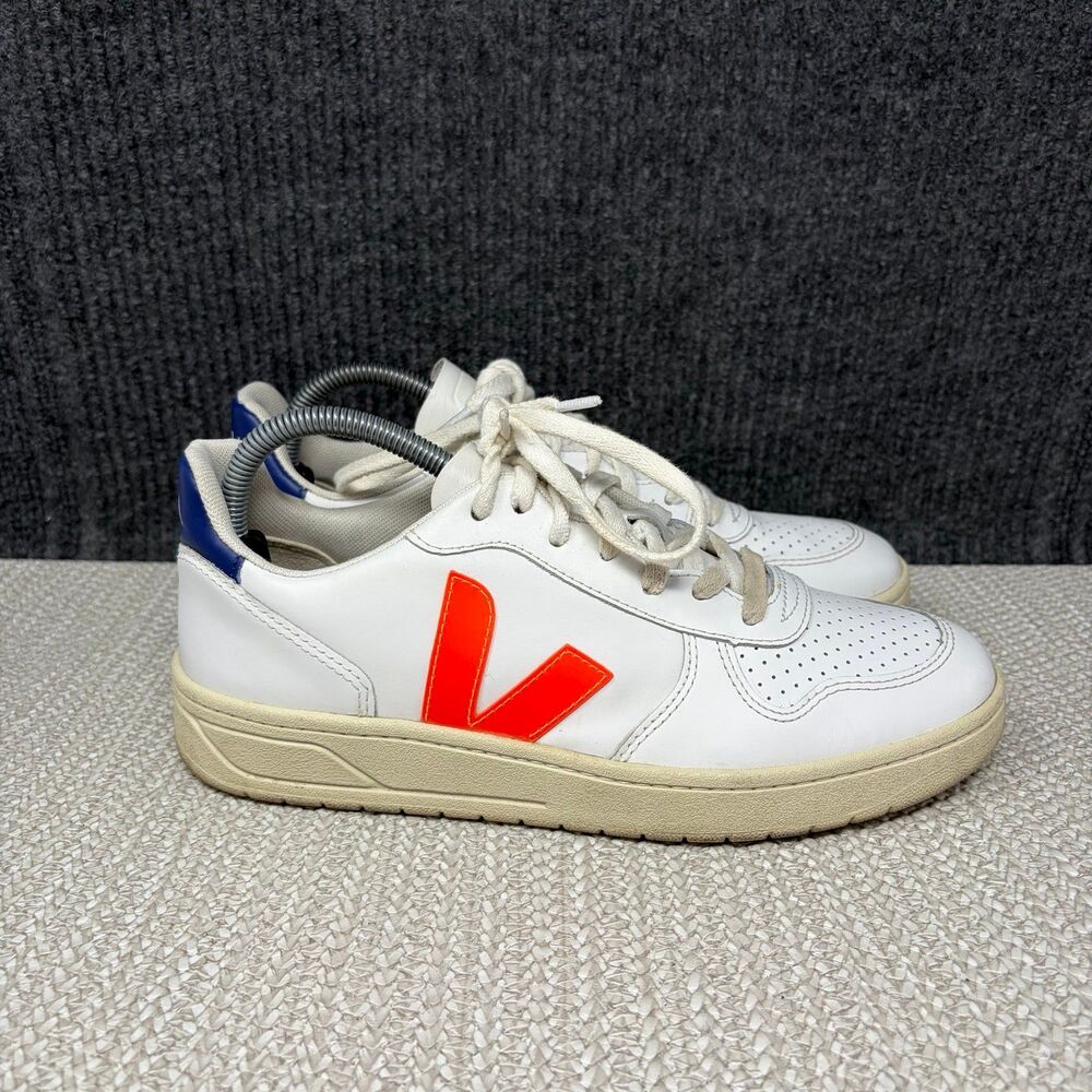 Veja V-10 Leather Sneakers Shoes White Orange Blue Women’s Size 9